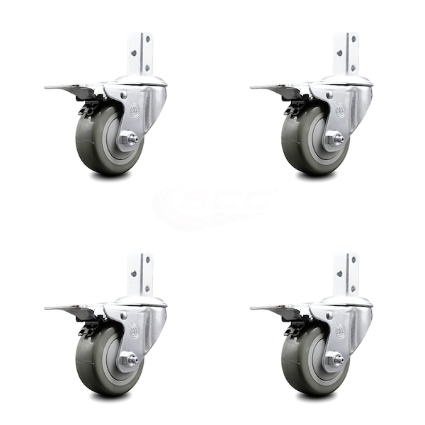 3 Inch Gray Poly Wheel Swivel 7/8 Inch Square Stem Caster Set Total Lock Brake